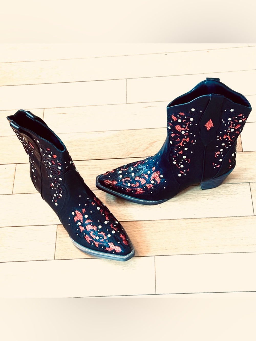 NWOT Embroidered Women's Cowboy Boots - Black and Red with Rhinestones